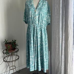 Women’s large dress Aqua White Floral Midi Dress Vintage Summer